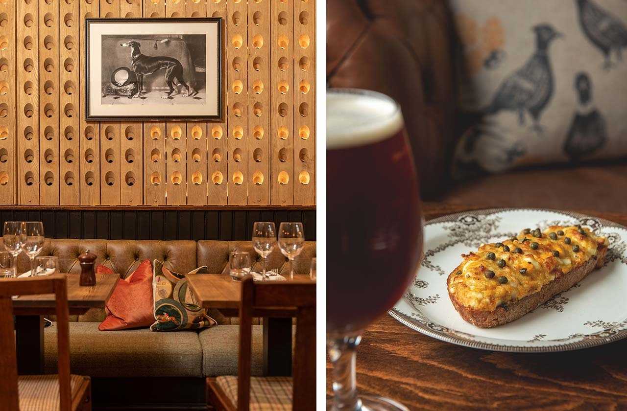 Collage of a cosy pub interior, cheesy bread and a pint of ale