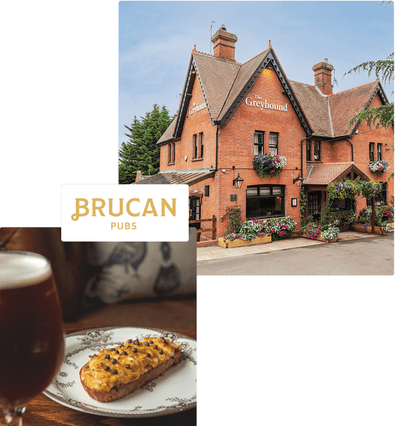 A Brucan Pub, the Brucan Pubs logo and some pub food.