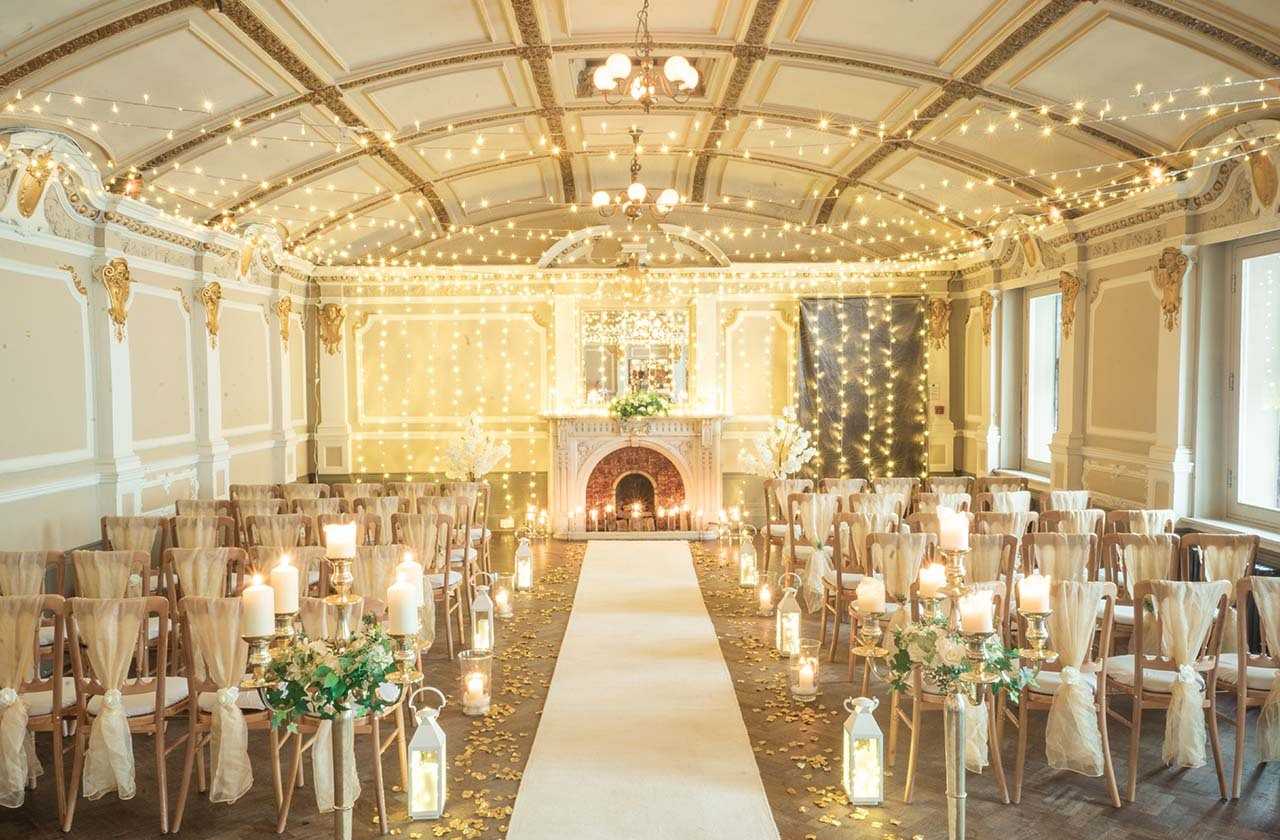 Wedding venue with candles and fairy lights