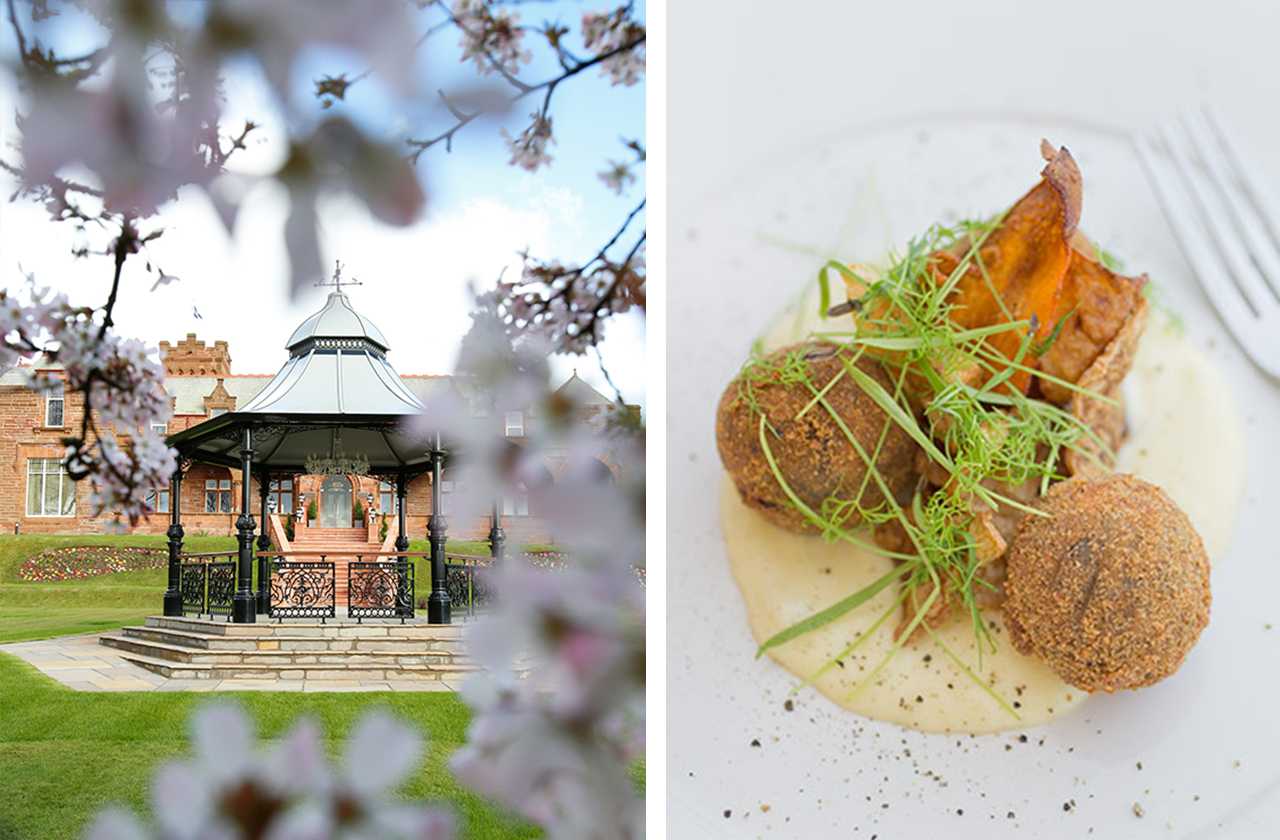 Collage of Manorview hotel garden and food in the restaurant